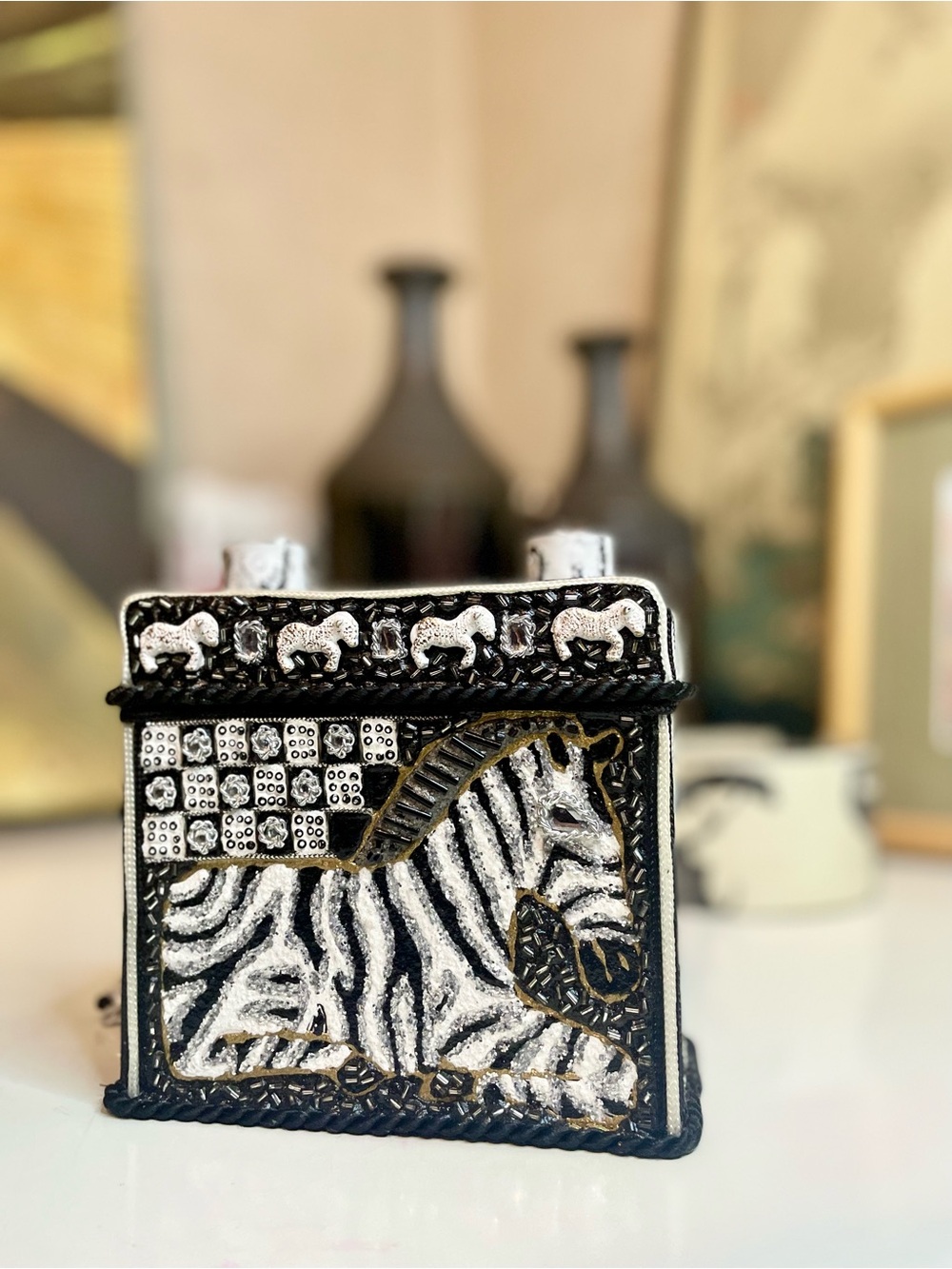 Mary Frances Handcrafted Black & White Zebra Purse